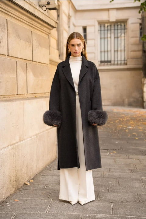 Wool-Blend Coat with Removable Faux-Fur Cuffs