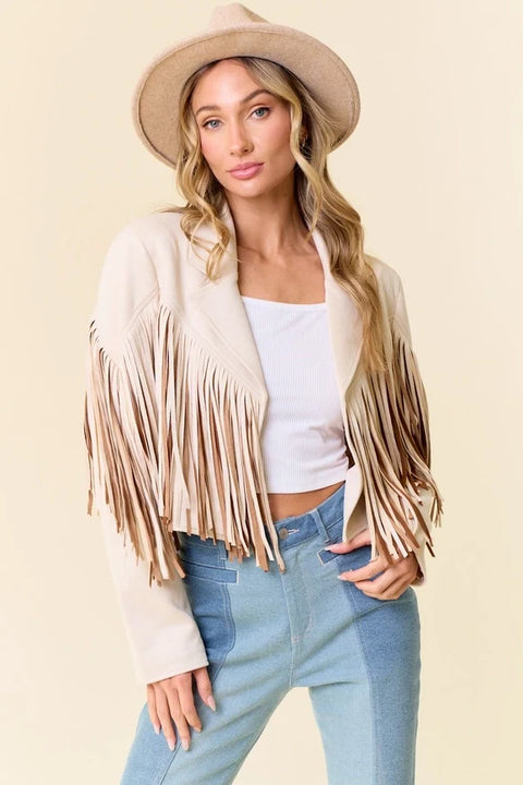 Cream Multi Color Fringe Open Front Jacket