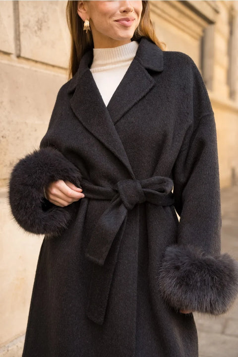 Wool-Blend Coat with Removable Faux-Fur Cuffs