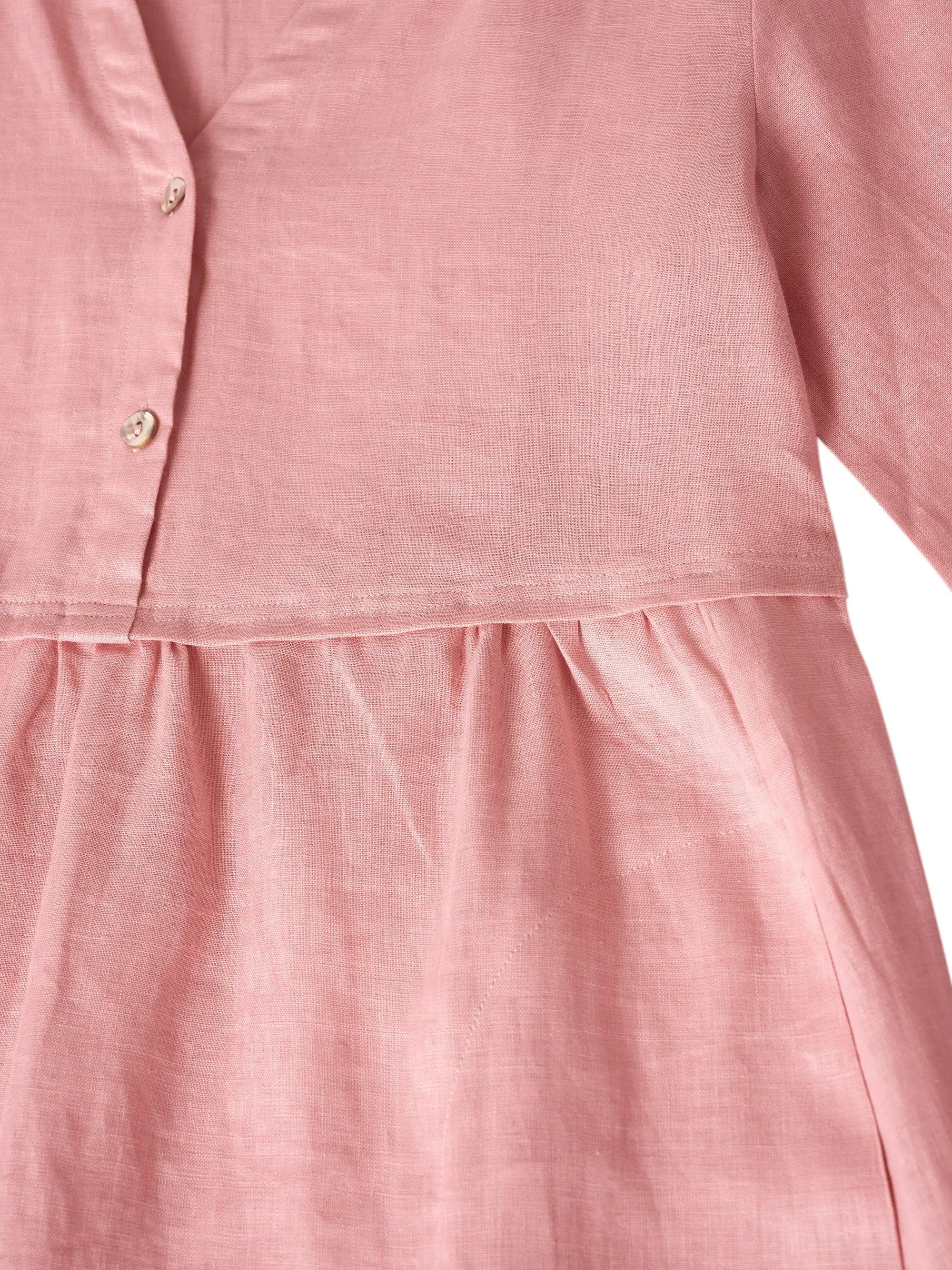 100% Linen Loose Fit Button Waist Gathered Midi Dress