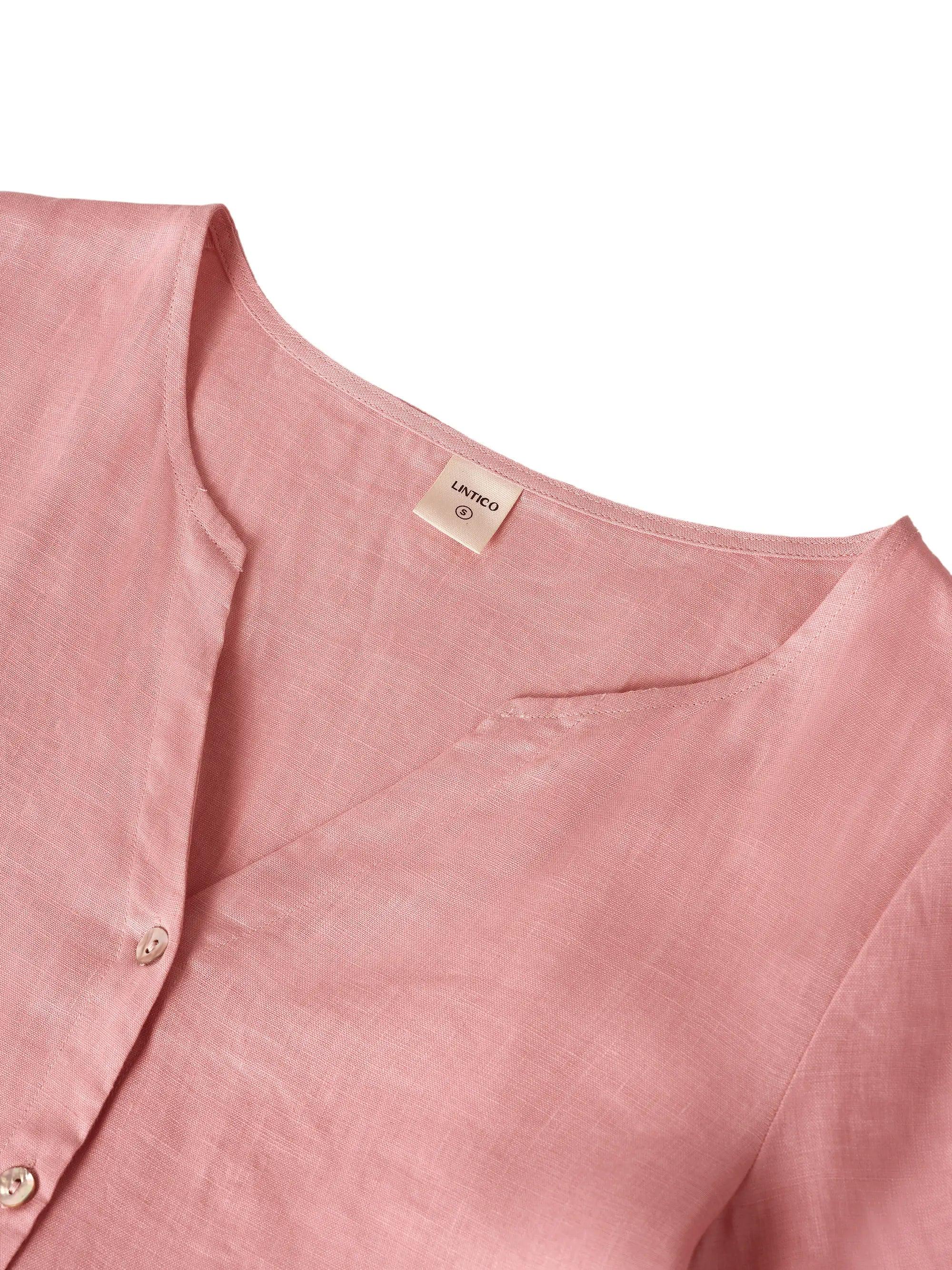 100% Linen Loose Fit Button Waist Gathered Midi Dress