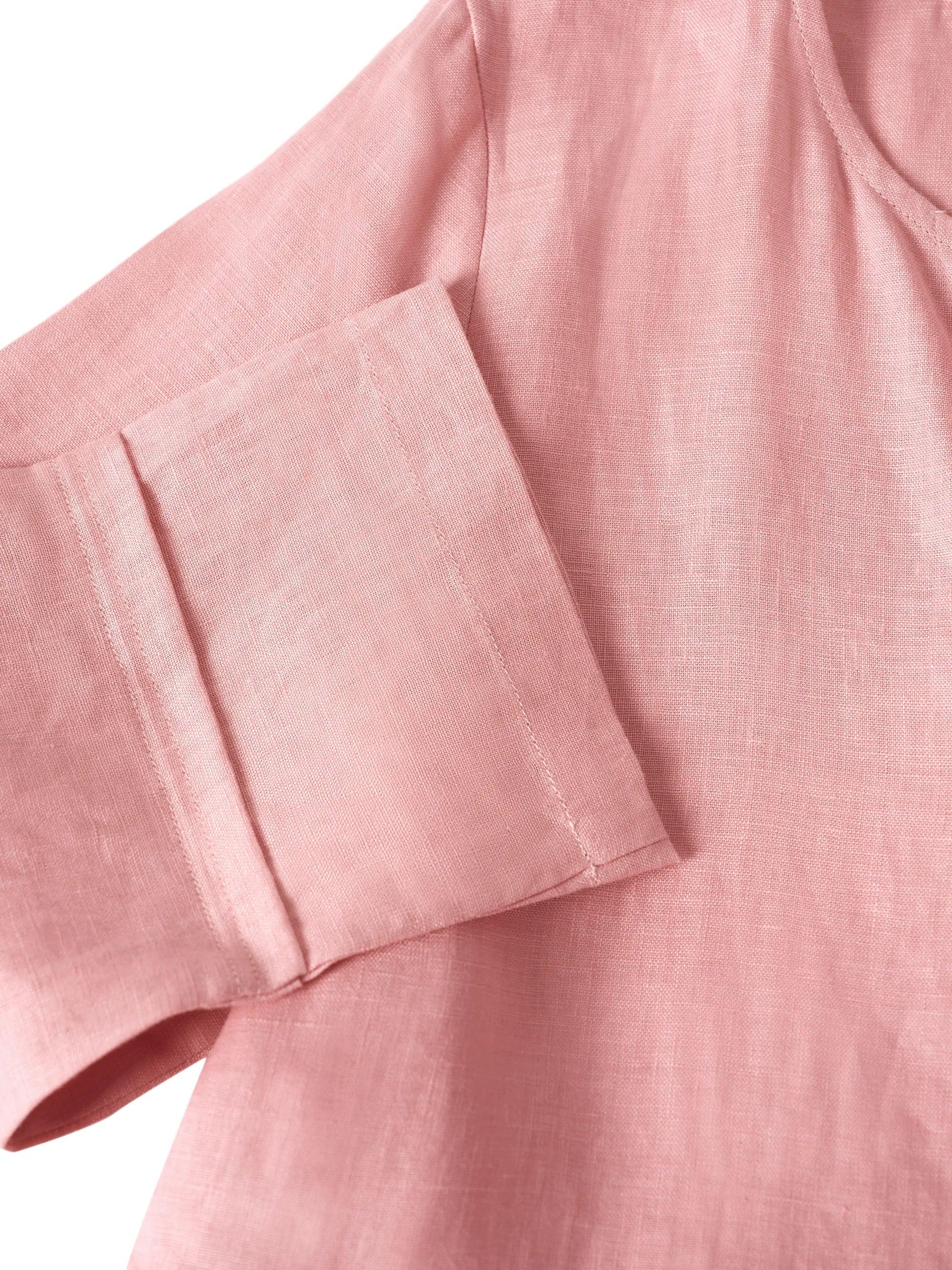 100% Linen Loose Fit Button Waist Gathered Midi Dress