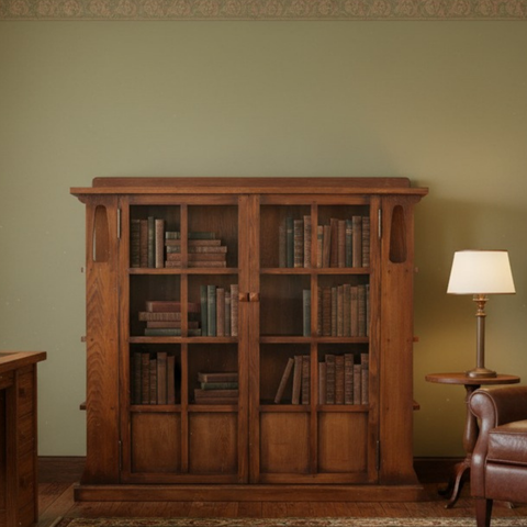 Mission Double Door Bookcase with Side Shelves - Walnut (W1)