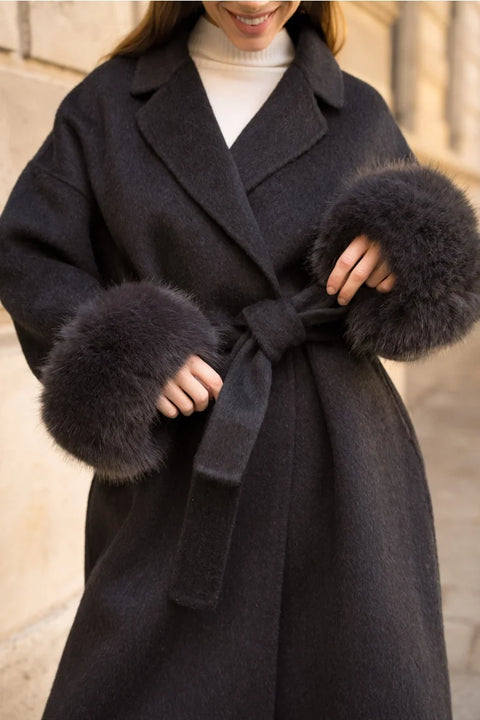 Wool-Blend Coat with Removable Faux-Fur Cuffs