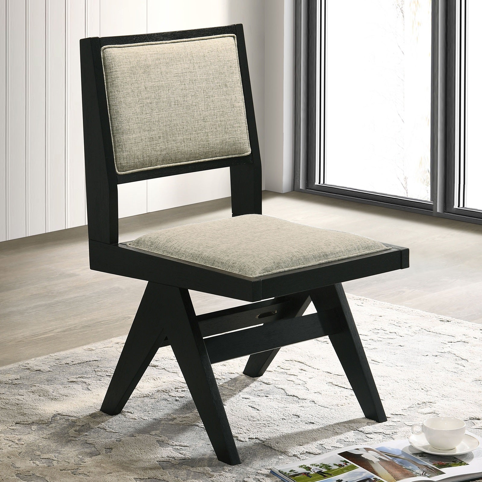 5-Piece Contemporary Round Dining Set with Black Pedestal Table & Light Gray Upholstered Chairs