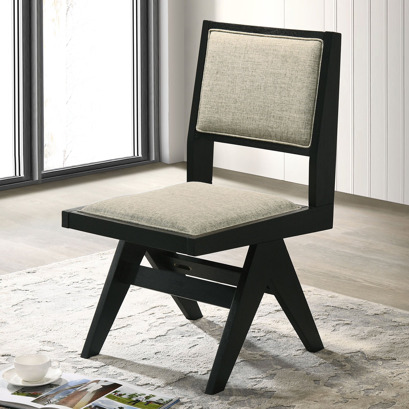 5-Piece Contemporary Round Dining Set with Black Pedestal Table & Light Gray Upholstered Chairs
