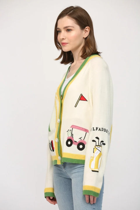 Golf Embroidered Patch Cardigan - CREAM MULTI