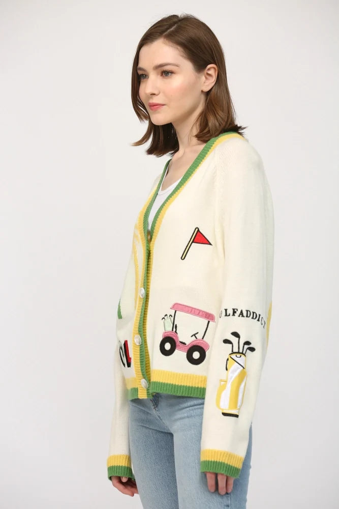 Golf Embroidered Patch Cardigan - CREAM MULTI