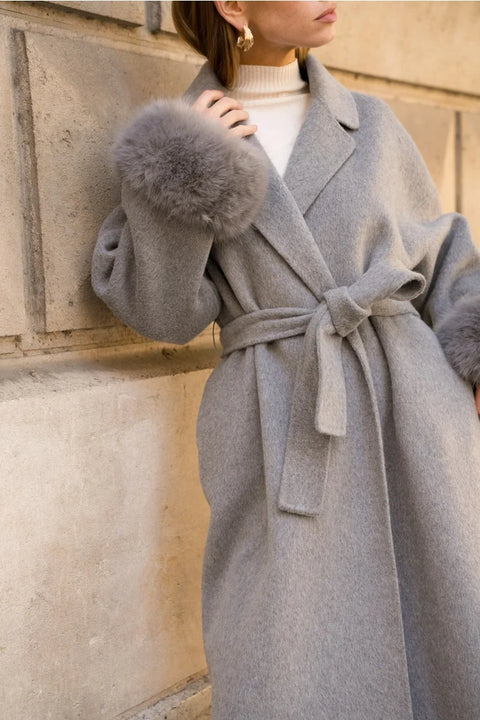Wool-Blend Coat with Removable Faux-Fur Cuffs