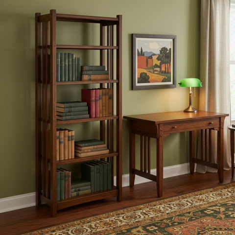 Pre-Order. Mission Spindle Side 5 Shelf Bookcase - Walnut (W1)