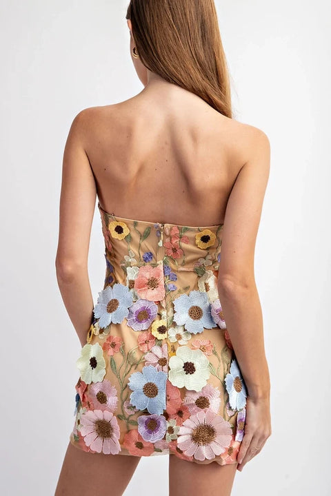 Flower 3D Embroidery Tube Mini Dress