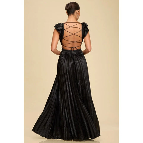 Metallic Pleated Maxi Dress Elegant Women’s Evening Gown