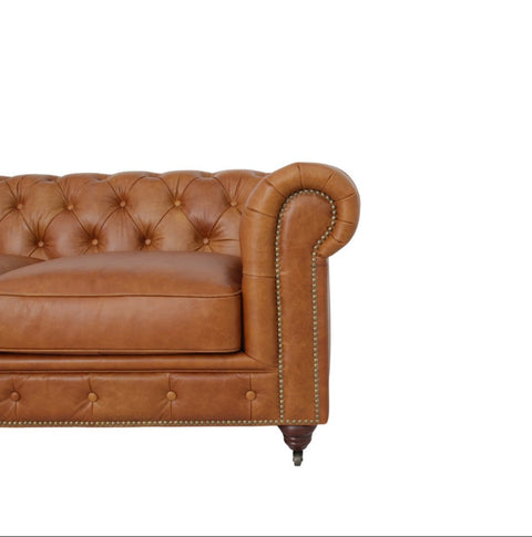 Belgravia Chesterfield Top Grain Leather Sofa with Tufted Back & Rolled Arms