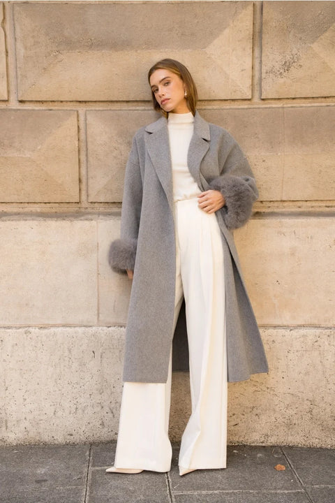 Wool-Blend Coat with Removable Faux-Fur Cuffs