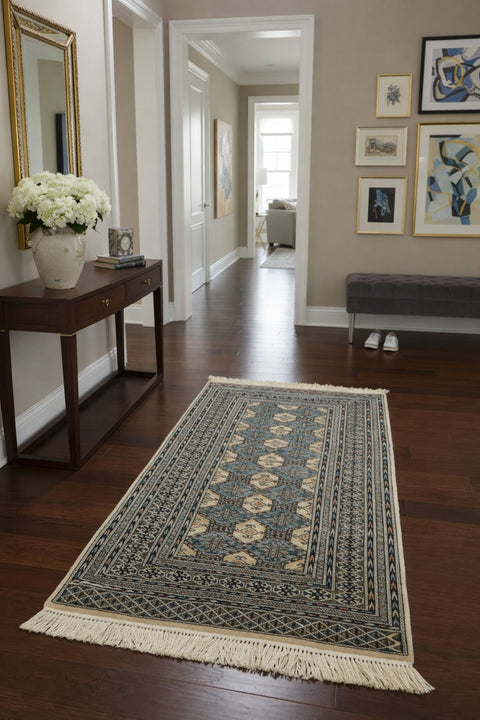 Hand-Knotted Pakistani Wool Rug, Tribal/Floral Design, size 3" x 4' 7"