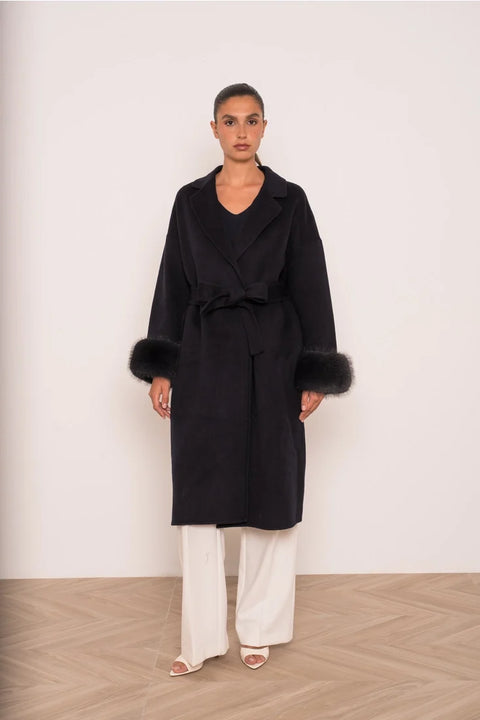 Wool-Blend Coat with Removable Faux-Fur Cuffs