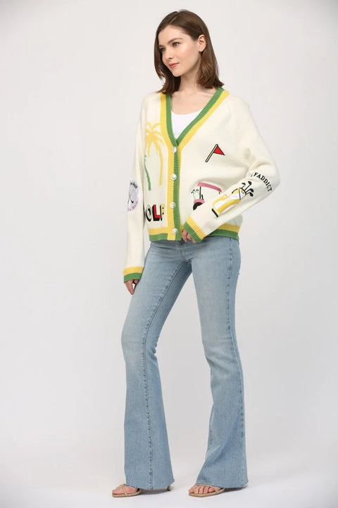 Golf Embroidered Patch Cardigan - CREAM MULTI
