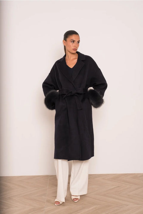 Wool-Blend Coat with Removable Faux-Fur Cuffs