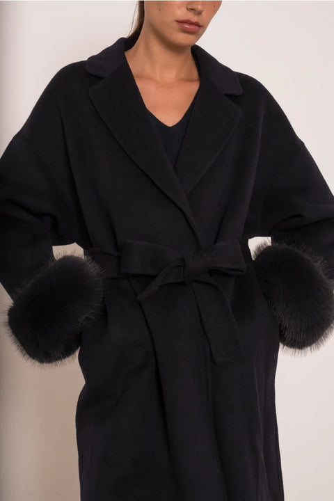 Wool-Blend Coat with Removable Faux-Fur Cuffs