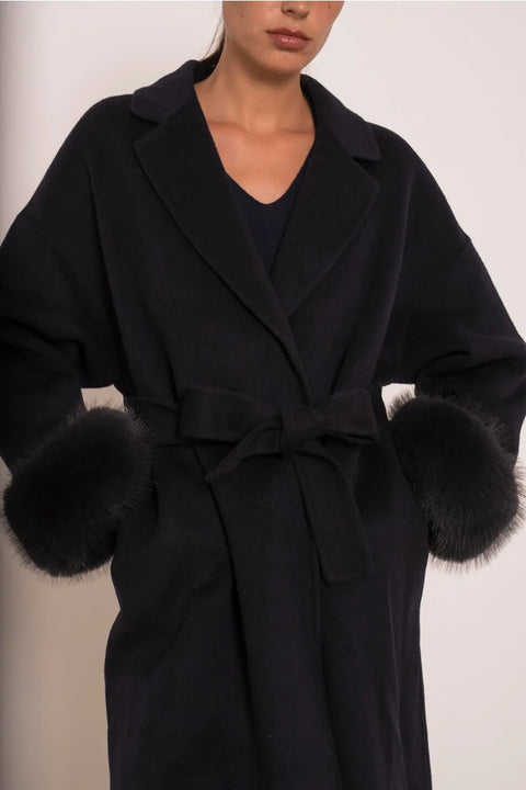 Wool-Blend Coat with Removable Faux-Fur Cuffs