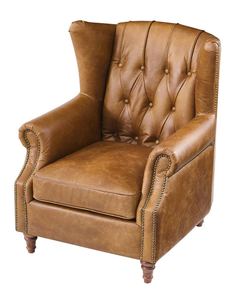 Tufted English Rolled Arm Wing Chair - Light Brown Leather