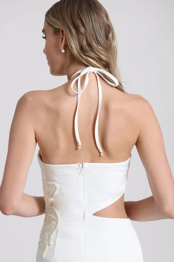 Flower Embellished Cut-Out Halter Dress White/White Flower