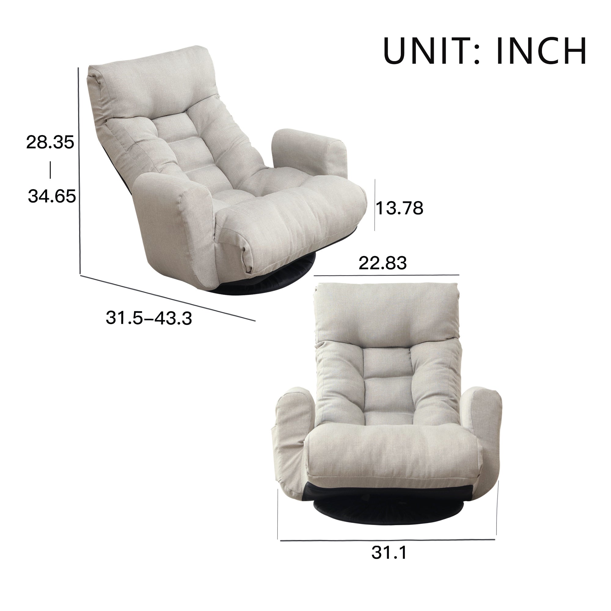 Adjustable Floor Lounge Sofa Chair with Armrests & 360° Swivel Base – Cement Grey