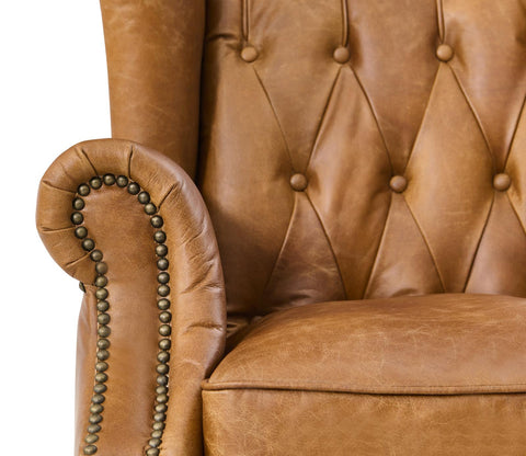 Tufted English Rolled Arm Wing Chair - Light Brown Leather