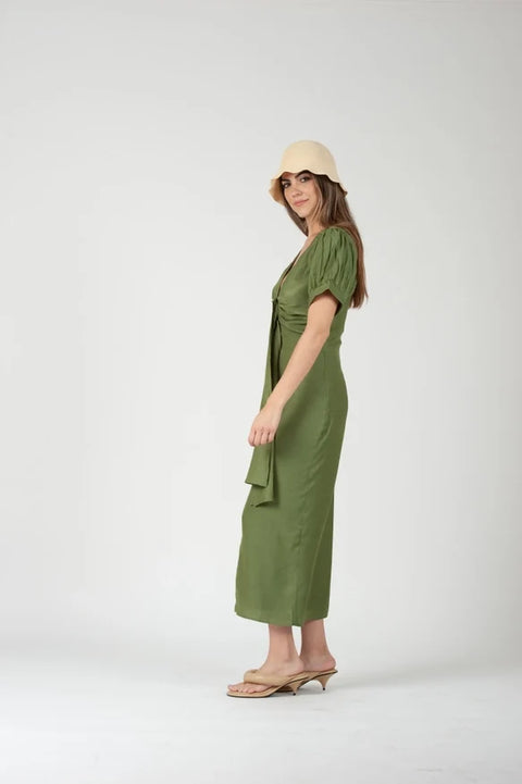 Grecian Puff Sleeve Midi Dress Grass Color