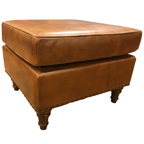 English Stationary Leather Ottoman - Light Brown