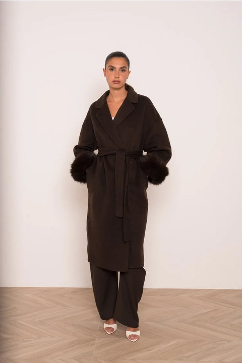 Wool-Blend Coat with Removable Faux-Fur Cuffs