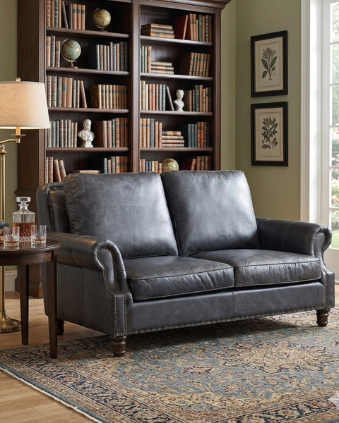 English Rolled Arm Love Seat - Slate Leather