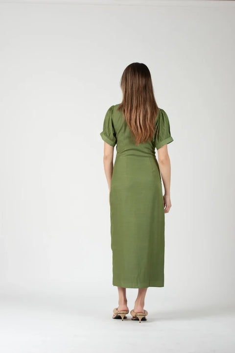 Grecian Puff Sleeve Midi Dress Grass Color