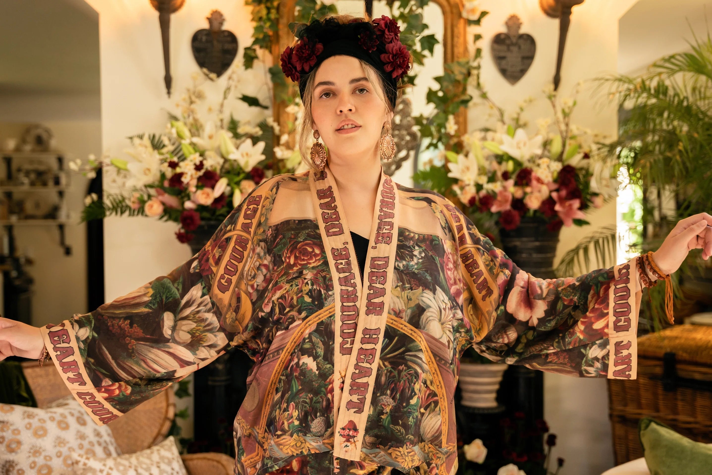 Courage Deart Heart Cropped Bamboo Kimono with Sacred Heart