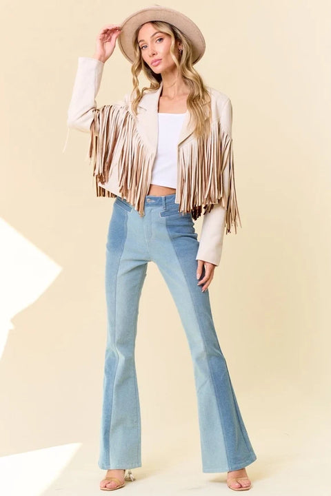 Cream Multi Color Fringe Open Front Jacket