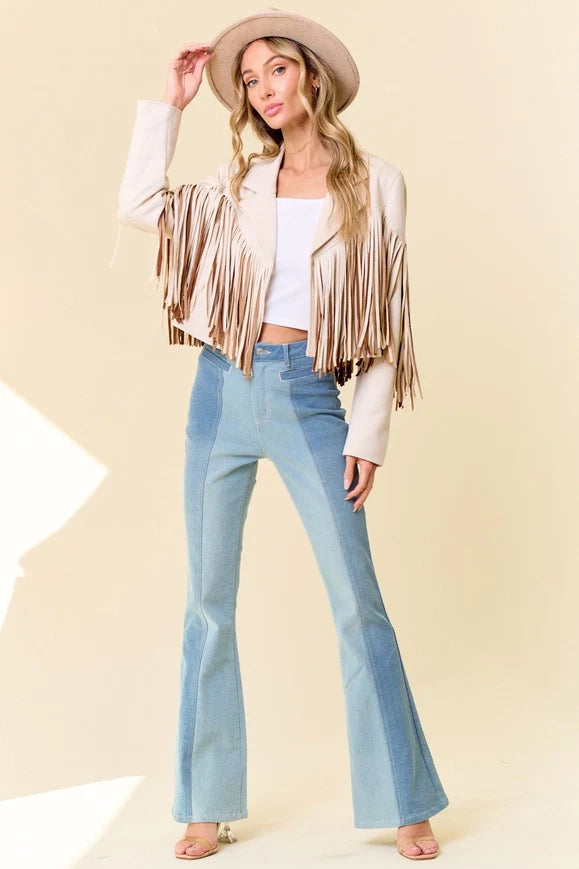 Cream Multi Color Fringe Open Front Jacket