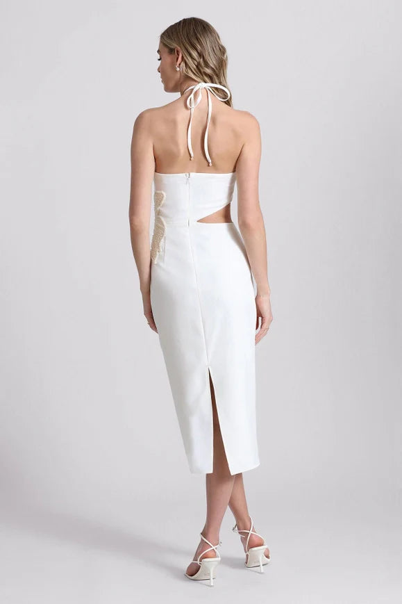 Flower Embellished Cut-Out Halter Dress White/White Flower