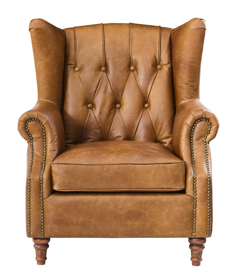 Tufted English Rolled Arm Wing Chair - Light Brown Leather