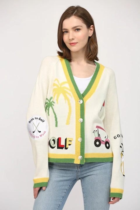 Golf Embroidered Patch Cardigan - CREAM MULTI