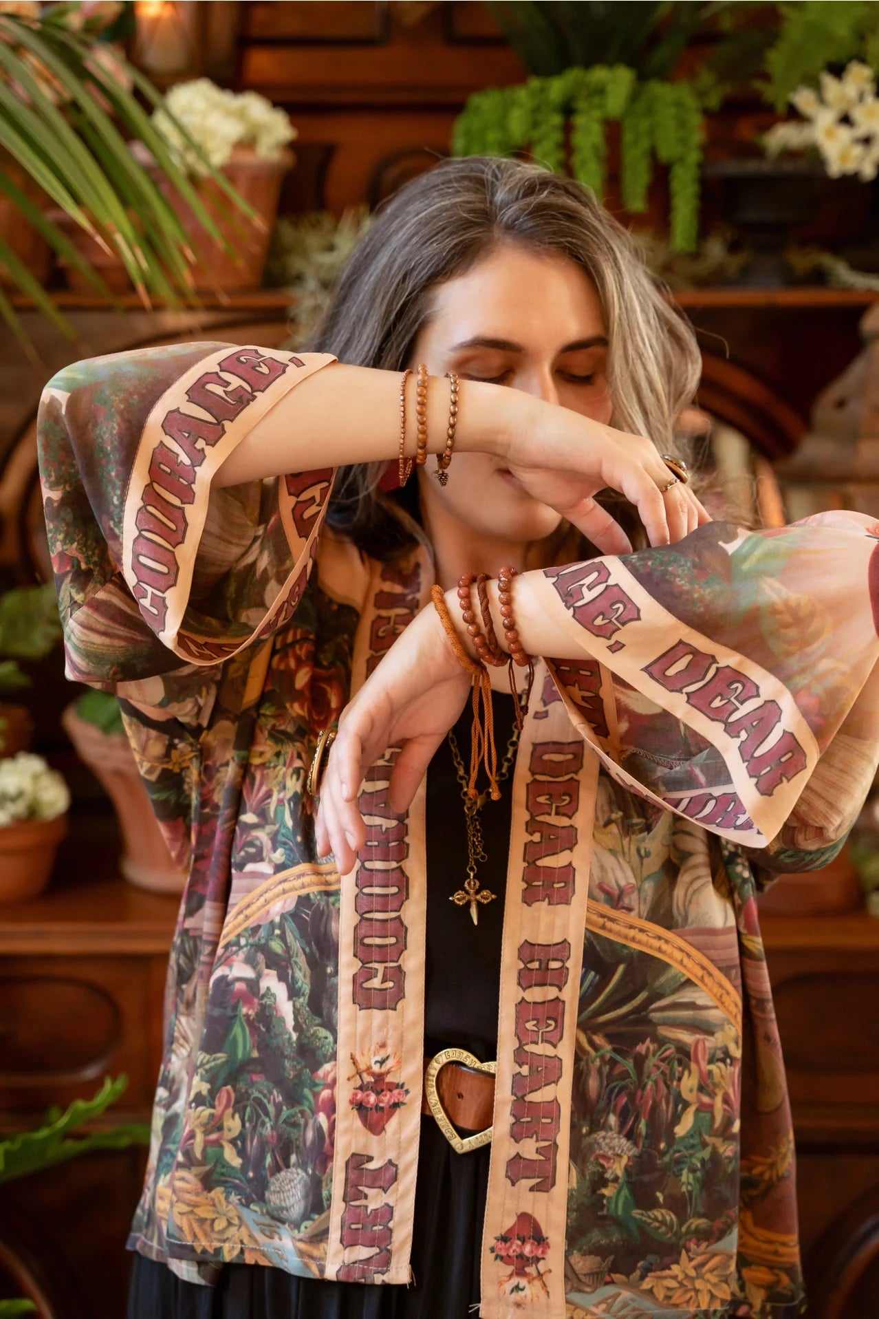 Courage Deart Heart Cropped Bamboo Kimono with Sacred Heart