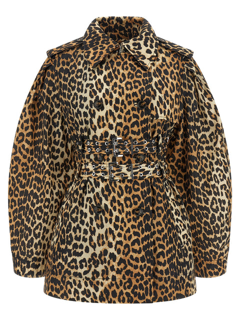 Ganni Leopard Duchesse Nylon Short Trench Coat