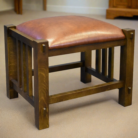 Mission Spindle Stool - Quarter Sawn Oak & Leather (2 Colors Available) (Pre-Order Walnut Stain)