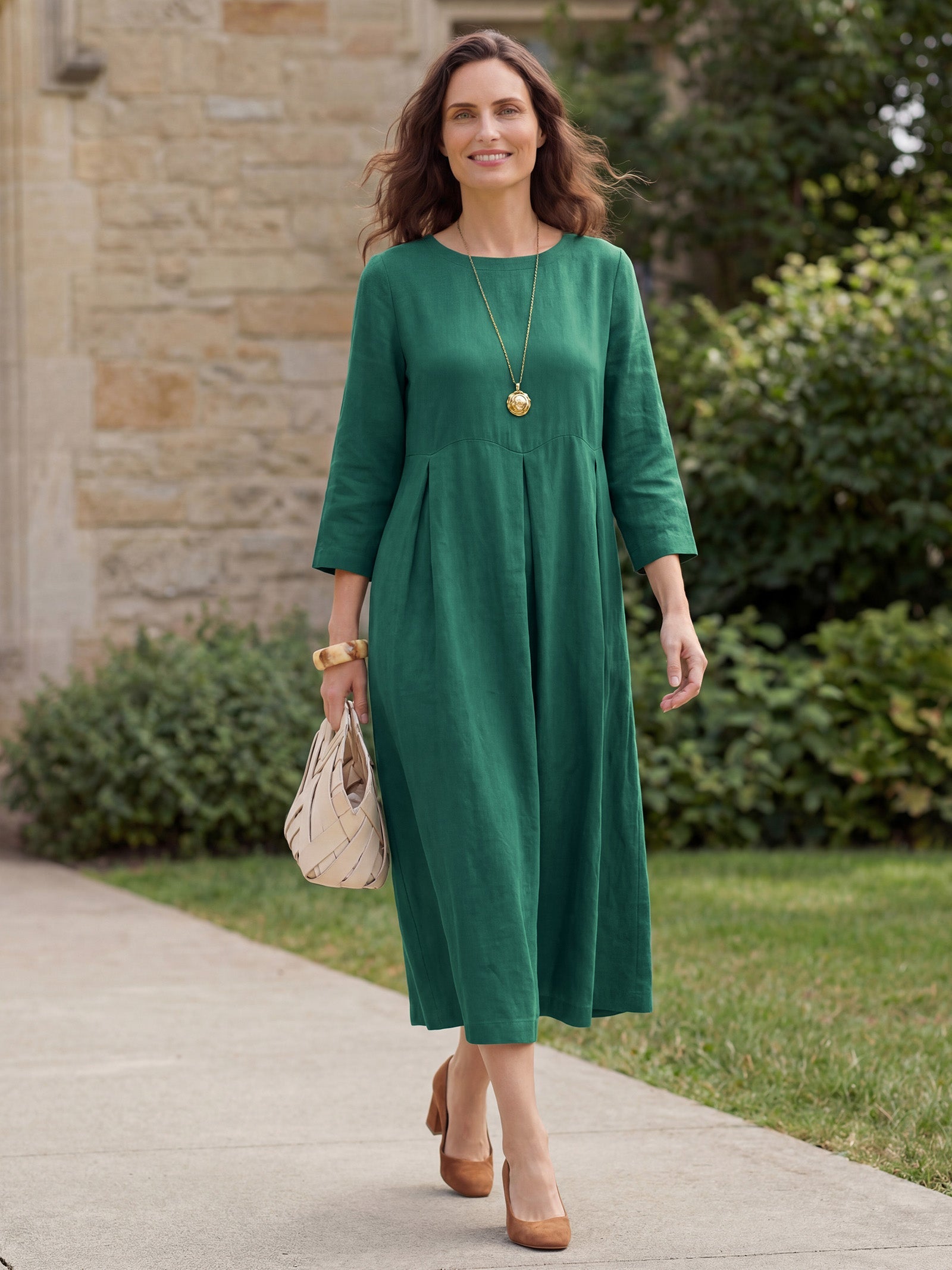 100% Linen Bateau Neck Pleated Maxi Dress
