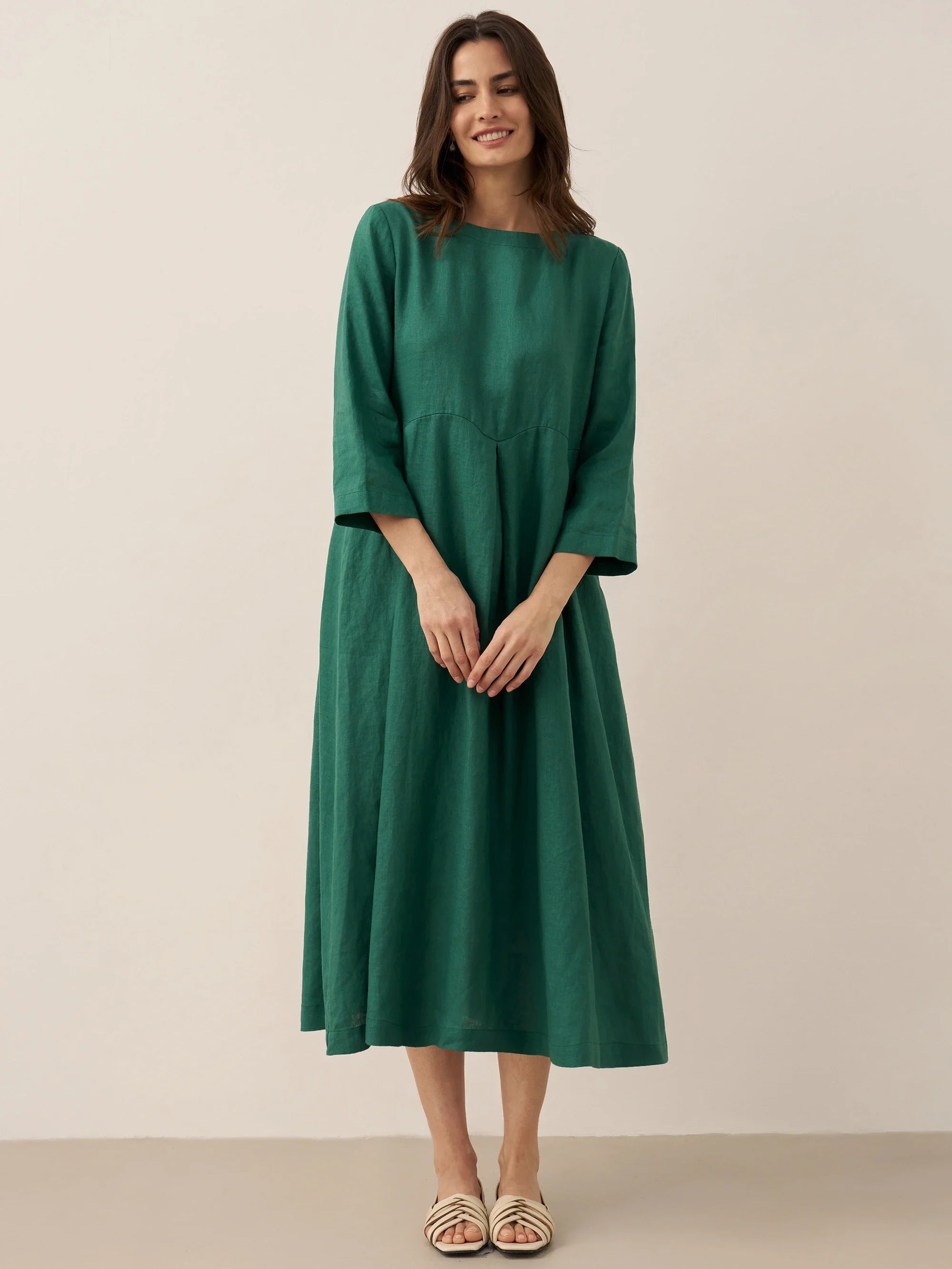 100% Linen Bateau Neck Pleated Maxi Dress