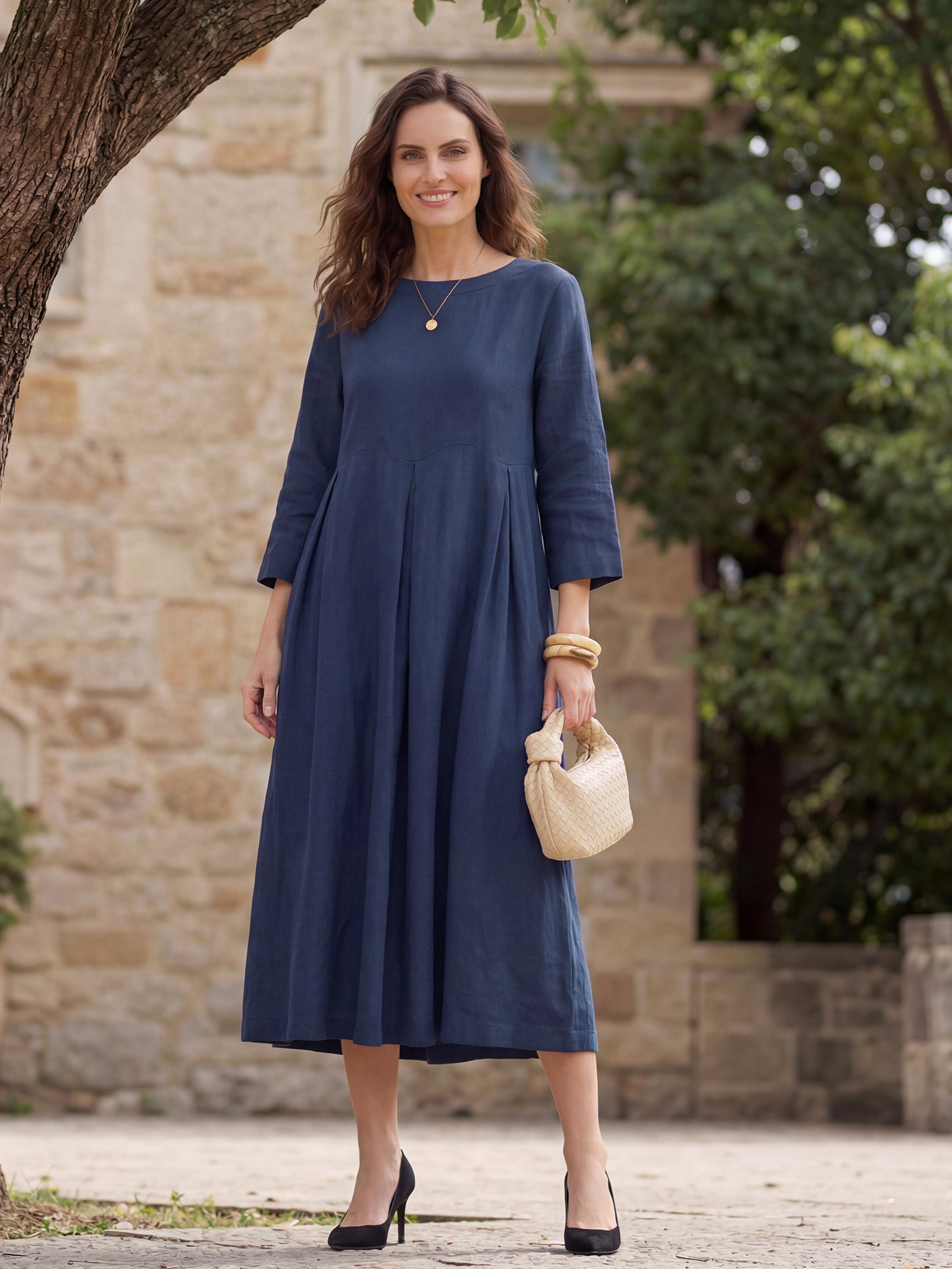 100% Linen Bateau Neck Pleated Maxi Dress
