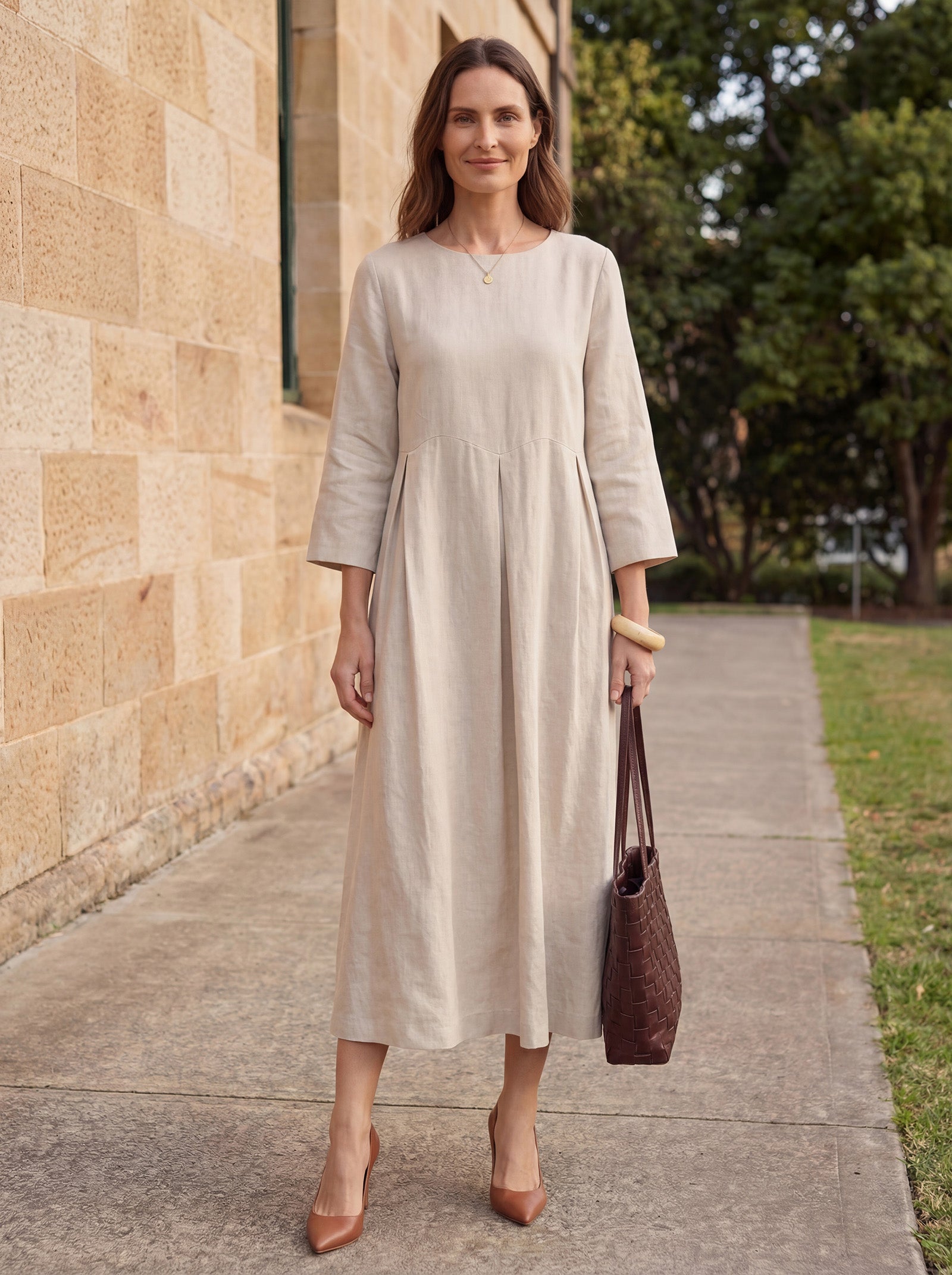 100% Linen Bateau Neck Pleated Maxi Dress