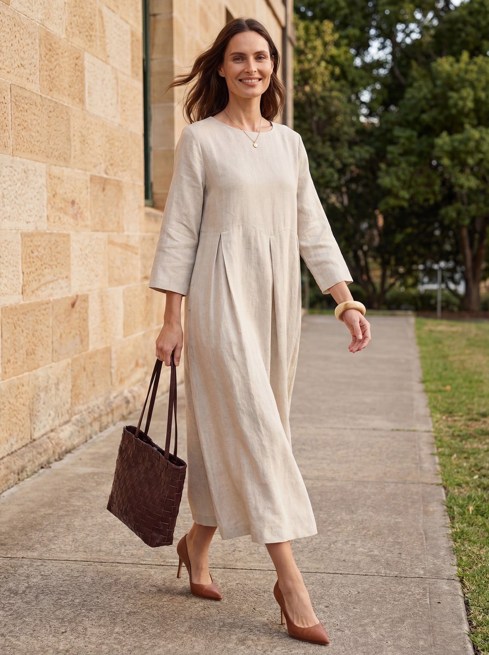 100% Linen Bateau Neck Pleated Maxi Dress