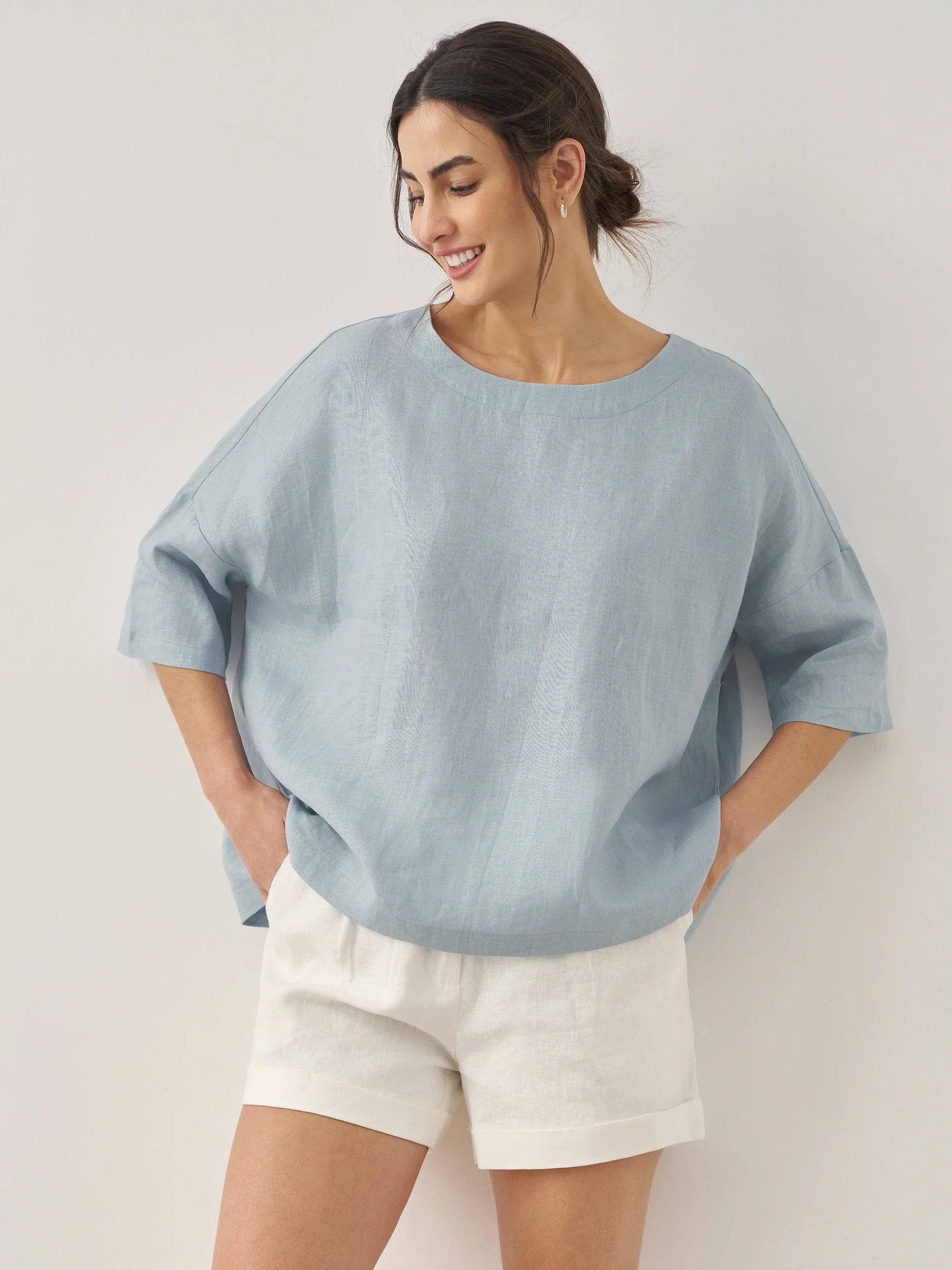 100% Linen Boatneck 3/4 Length Sleeve Top AURORA
