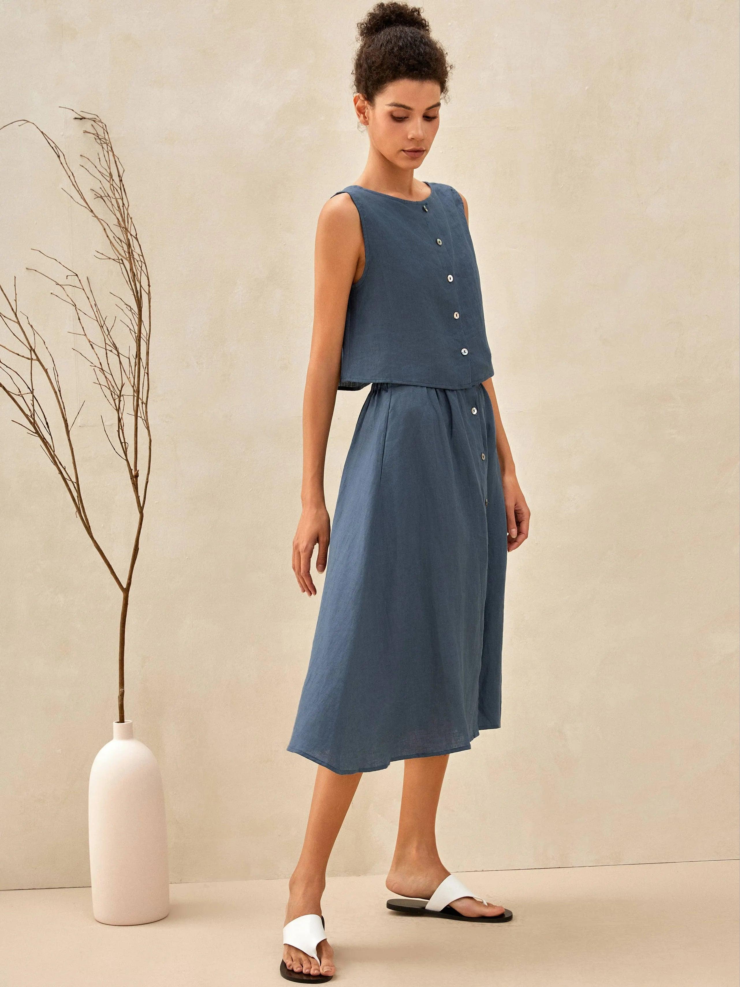 100% Linen Button Decorate Vest Naxi Skirts Set LUCIA