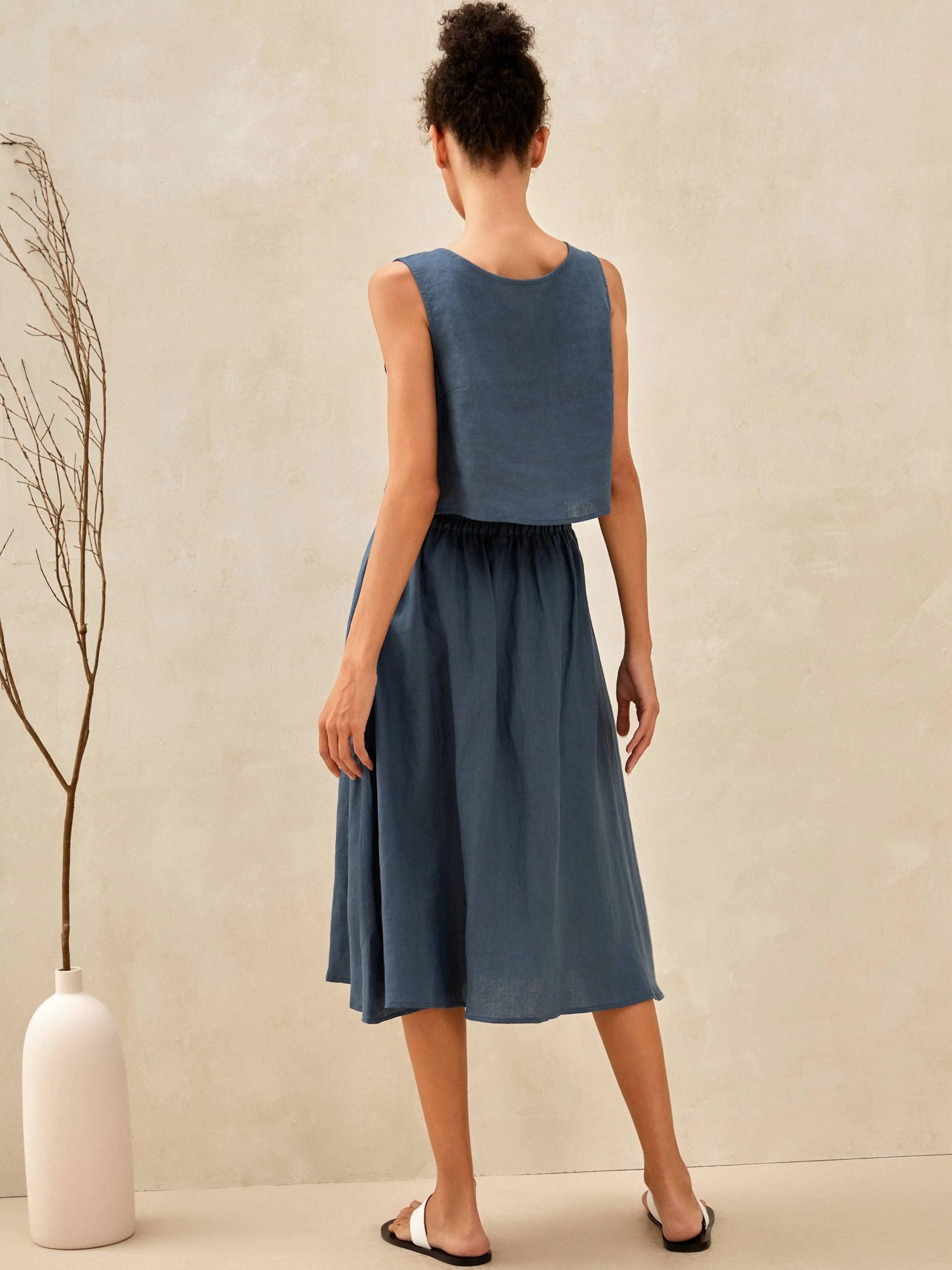 100% Linen Button Decorate Vest Naxi Skirts Set LUCIA